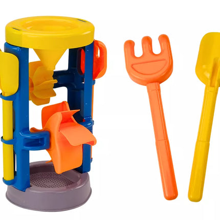 Smėlio žaislai, didelis malūnėlis, mentelė, grėblys, laistytuvas, formelės