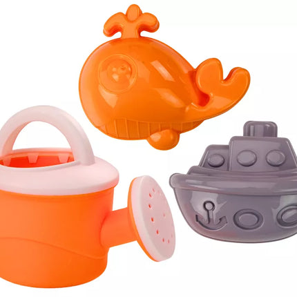 Smėlio žaislai, didelis malūnėlis, mentelė, grėblys, laistytuvas, formelės