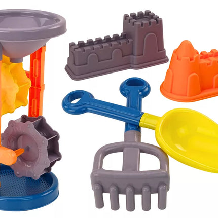 Smėlio rinkinys, malūnėlis, mentelė, grėblys, formelės, oranžinė