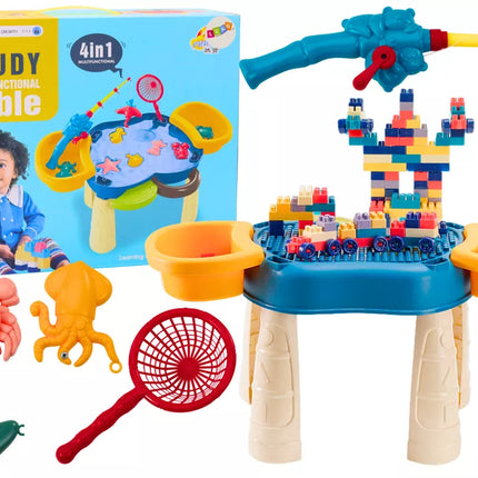 Daugiafunkcinis stalas 4in1 Kaladėlės Žvejyba Piešimas Mėlynas