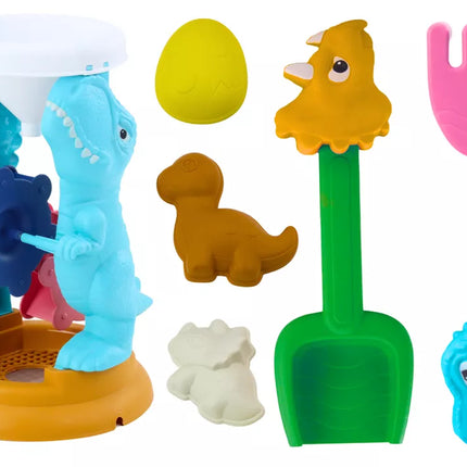 Smėlio žaislų rinkinys, malūnėlis, mentelė, grėblys, formelės, dinozaurai