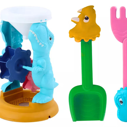 Smėlio žaislų rinkinys, malūnėlis, mentelė, grėblys, formelės, dinozaurai