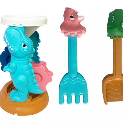 Smėlio žaislų rinkinys, malūnėlis, kibirėlis, dinozaurų formelės