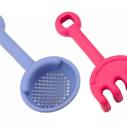 Smėlio žaislų rinkinys, kibirėlis, malūnėlis, sietelis, pastelinės formelės