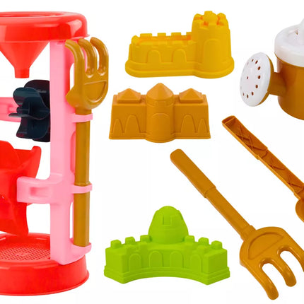 Smėlio žaislų rinkinys, malūnėlis, formelės, pilys, laistytuvas, rožinis