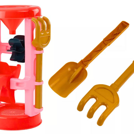 Smėlio žaislų rinkinys, malūnėlis, formelės, pilys, laistytuvas, rožinis