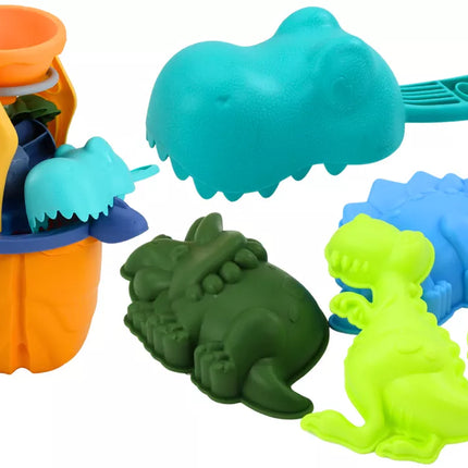 Dinozaurų smėlio rinkinys, piltuvėlis, malūnėlis, formelės, mentelė, 7 dalys.