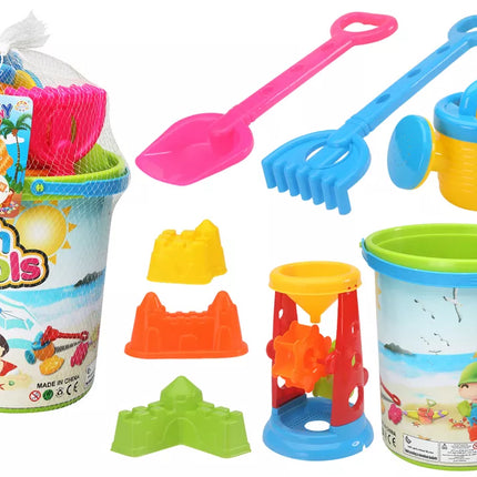 Smėlio žaislų rinkinys, kibirėlis, malūnėlis, laistytuvas, spalvingos formelės