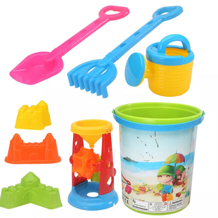 Smėlio žaislų rinkinys, kibirėlis, malūnėlis, laistytuvas, spalvingos formelės
