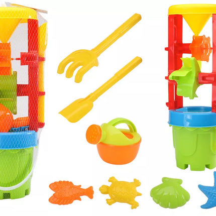 Smėlio žaislų rinkinys, didelis malūnėlis, kibirėlis, spalvingos formelės
