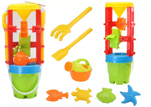 Smėlio žaislų rinkinys, didelis malūnėlis, kibirėlis, spalvingos formelės