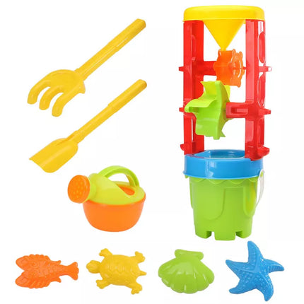 Smėlio žaislų rinkinys, didelis malūnėlis, kibirėlis, spalvingos formelės