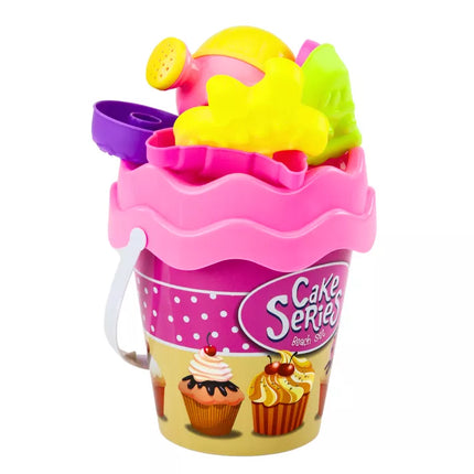 Smėlio kibirėlių rinkinys, laistytuvas, formelės, rožinės spalvos saldainiai, 8 vnt.