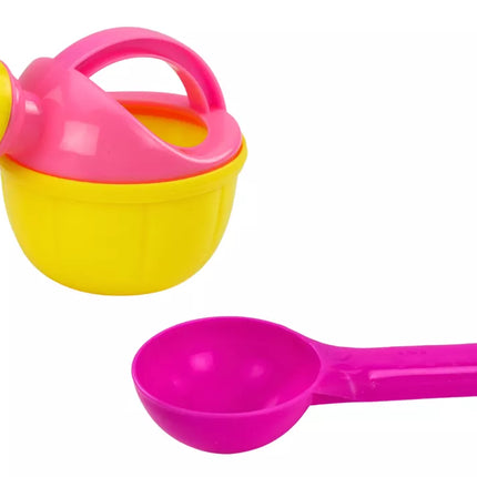 Smėlio kibirėlių rinkinys, laistytuvas, formelės, rožinės spalvos saldainiai, 8 vnt.