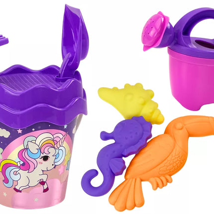 Smėlio rinkinys, kibirėlis, kastuvas, grėblys, laistytuvas, violetinis vienaragis