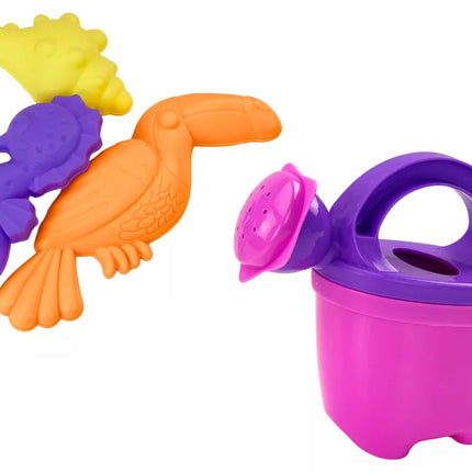 Smėlio rinkinys, kibirėlis, kastuvas, grėblys, laistytuvas, violetinis vienaragis