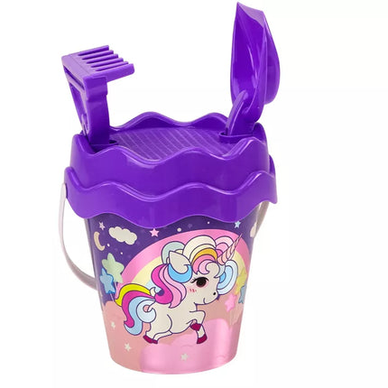 Smėlio rinkinys, kibirėlis, kastuvas, grėblys, laistytuvas, violetinis vienaragis