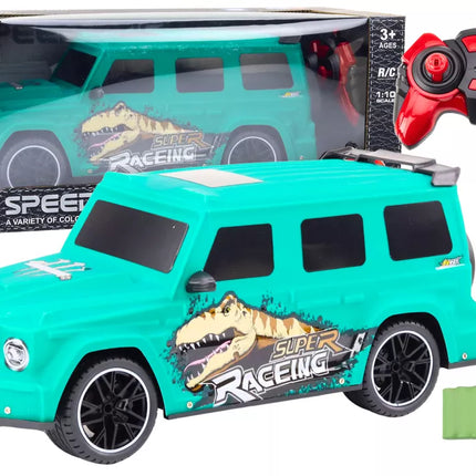 Nuotoliniu būdu valdomas RC automobilis su dinozauru, 1:10 mastelis, žalias