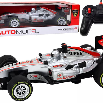 Nuotoliniu būdu valdomas RC lenktyninis automobilis 1:12 sidabrinės spalvos, su šviesomis ir garsais