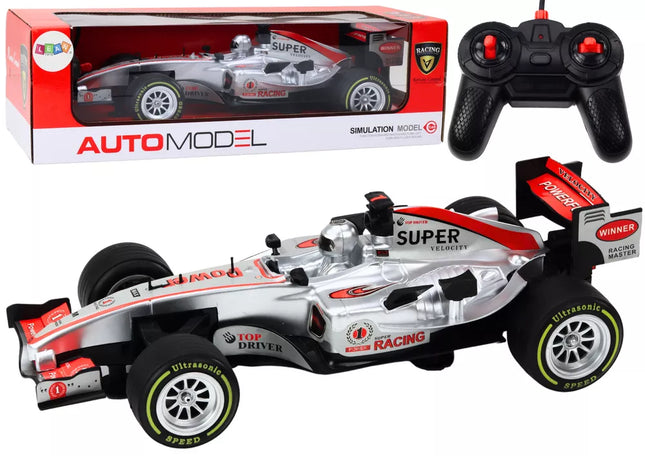 Nuotoliniu būdu valdomas RC lenktyninis automobilis 1:12 sidabrinės spalvos, su šviesomis ir garsais