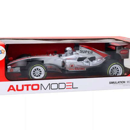 Nuotoliniu būdu valdomas RC lenktyninis automobilis 1:12 sidabrinės spalvos, su šviesomis ir garsais