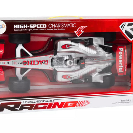 Sportinis sidabro spalvos lenktyninis automobilis su 1:9 pavara ir garsais