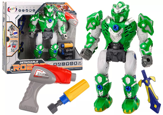 Žaislinis robotas-ginklas su grąžtu, atsuktuvo funkcija, šviesomis ir garsais, žalias