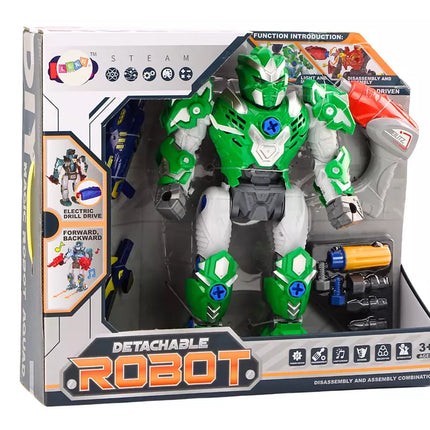 Žaislinis robotas-ginklas su grąžtu, atsuktuvo funkcija, šviesomis ir garsais, žalias