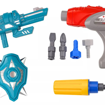 Žaislinis robotas-ginklas su grąžtu, atsuktuvas, šviesa ir garsu, raudonas