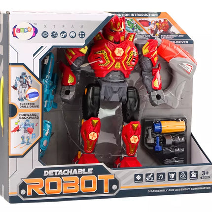 Žaislinis robotas-ginklas su grąžtu, atsuktuvas, šviesa ir garsu, raudonas