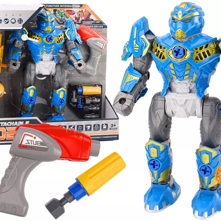 Robotas su besisukančiu ginklu, grąžto tipo atsuktuvu, šviesomis ir garsais, mėlynas