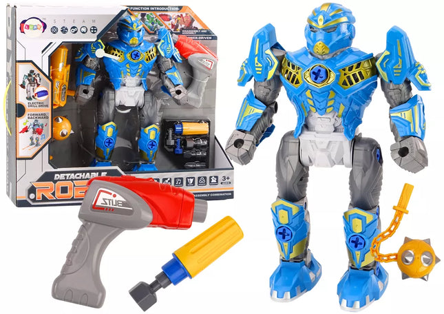 Robotas su besisukančiu ginklu, grąžto tipo atsuktuvu, šviesomis ir garsais, mėlynas