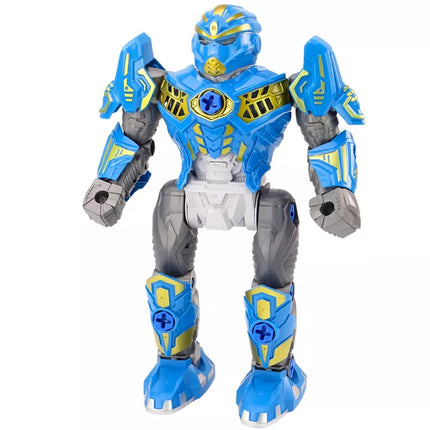 Robotas su besisukančiu ginklu, grąžto tipo atsuktuvu, šviesomis ir garsais, mėlynas