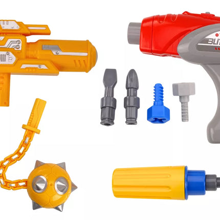 Robotas su besisukančiu ginklu, grąžto tipo atsuktuvu, šviesomis ir garsais, mėlynas