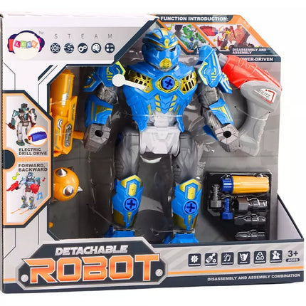 Robotas su besisukančiu ginklu, grąžto tipo atsuktuvu, šviesomis ir garsais, mėlynas