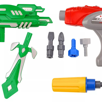 Žaislinis roboto ginklas – grąžtas, atsuktuvas, šviesa ir garsas, tamsiai mėlynas