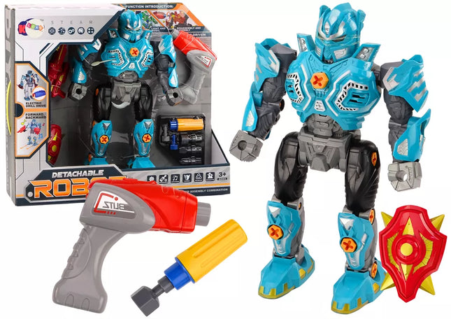 Žaislinis robotas-ginklas su gręžtuvu, atsuktuvu, šviesomis ir garsais, turkio spalvos
