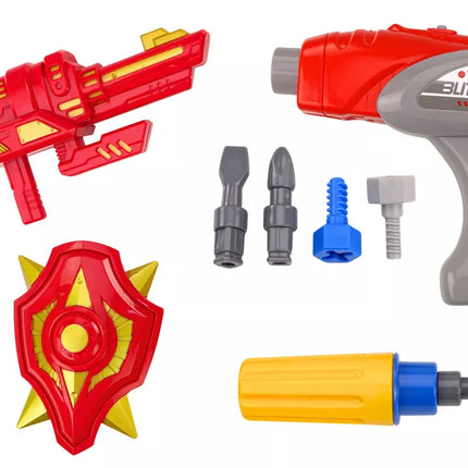 Žaislinis robotas-ginklas su gręžtuvu, atsuktuvu, šviesomis ir garsais, turkio spalvos