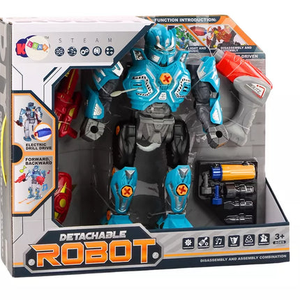 Žaislinis robotas-ginklas su gręžtuvu, atsuktuvu, šviesomis ir garsais, turkio spalvos