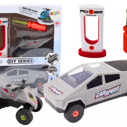 Modernaus automobilio su keturračiu rinkinys išardymui „pasidaryk pats“, pilkas