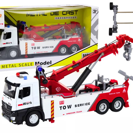 Sunkvežimis su kranu, dviem metaliniais kabliais, raudonomis ir baltomis šviesomis bei garsais