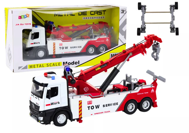 Sunkvežimis su kranu, dviem metaliniais kabliais, raudonomis ir baltomis šviesomis bei garsais