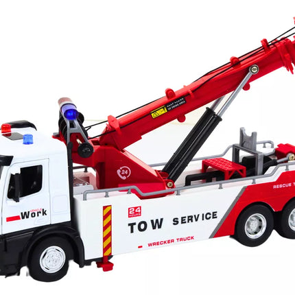 Sunkvežimis su kranu, dviem metaliniais kabliais, raudonomis ir baltomis šviesomis bei garsais