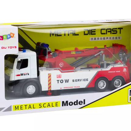 Sunkvežimis su kranu, dviem metaliniais kabliais, raudonomis ir baltomis šviesomis bei garsais