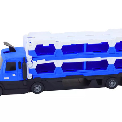 Lora tralas vilkikas lenktynių trasa 2in1 šviesos garsai ženklai automobiliai mėlyna