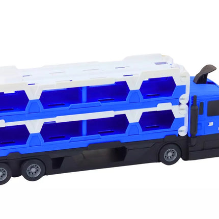 Lora tralas vilkikas lenktynių trasa 2in1 šviesos garsai ženklai automobiliai mėlyna