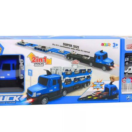 Lora tralas vilkikas lenktynių trasa 2in1 šviesos garsai ženklai automobiliai mėlyna