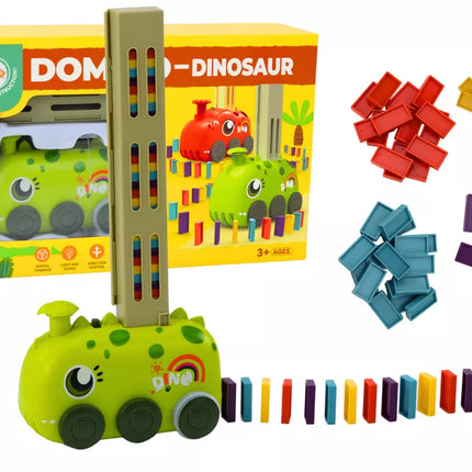 Žaislinis dinozauro automobilis, dedėliojantis spalvotus domino kauliukus, 4 spalvų kaladėlės, maitinamas baterijomis