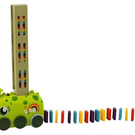 Žaislinis dinozauro automobilis, dedėliojantis spalvotus domino kauliukus, 4 spalvų kaladėlės, maitinamas baterijomis