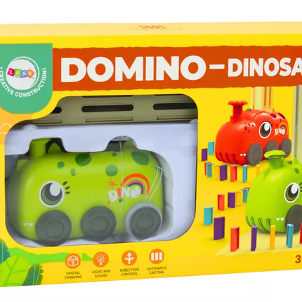 Žaislinis dinozauro automobilis, dedėliojantis spalvotus domino kauliukus, 4 spalvų kaladėlės, maitinamas baterijomis
